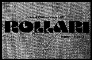 Rollarin logo farkkukankaan päällä.