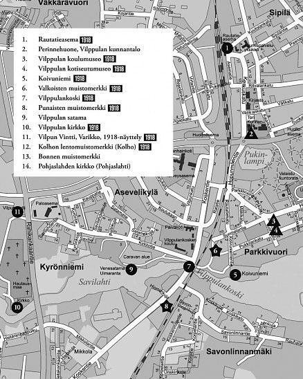 A black-and-white photo of the map of the Vilppula History Route.