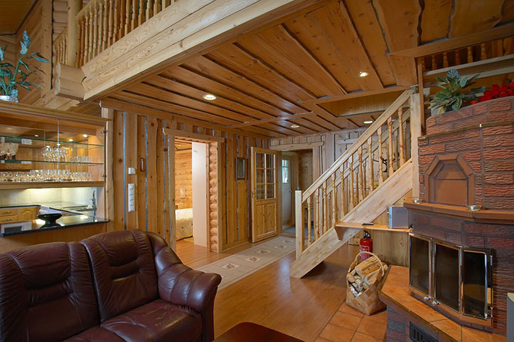 Downstairs living room, fireplace, wood interior, leather sofa.