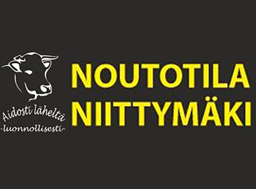 Noutotila Niittymäen logo. Keltaisella teksti Niittymäen noutotila, vasemmassa laidassa piirretty lehmän kuva.