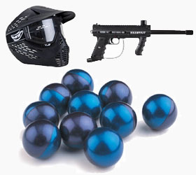 A paintball gun, paintballs and a headshield.