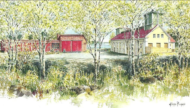 A watercolour of the milieu in Myllyranta. There is a red brick engine house on the left, a yellow mill house on the right and birch trees, mossy rocks and grass in the foreground. 