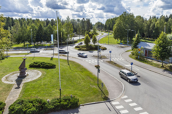 A roundabout in the town centre of Vilppula on a summer day.