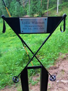 Mustasta raudasta tehdyssä Lydia Widemanin nimikyltissä on kaksi hiihtosauvaa.