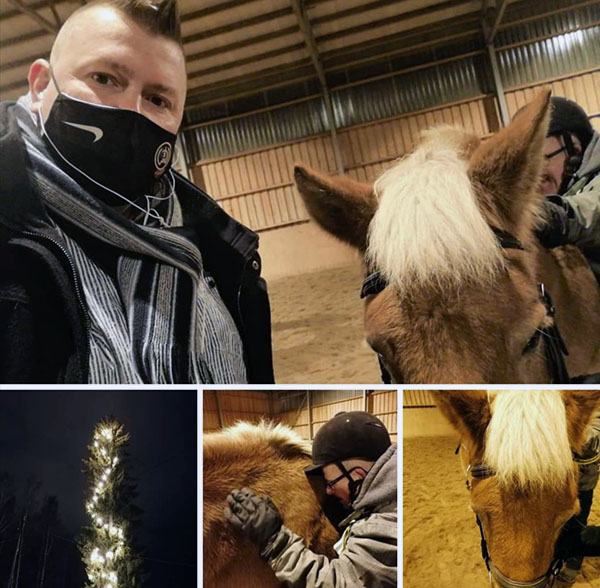 Kuvakollaasi jossa on kolme kuvaa hevosesta ihmisten kanssa ja yksi kuva valoköynnöksestä joulukuusessa.