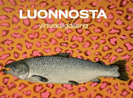 Piirretty kala sekä LUONNOSTA virtuaaligalleria -teksti oranssi-pinkillä leopardikuvioisella taustalla.