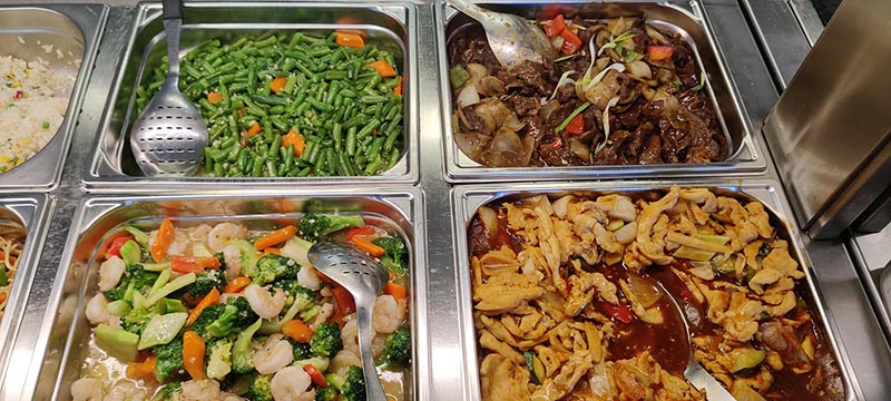 Various lunch buffet dishes.
