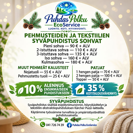 Puhdas Polku EcoServicen mainos tekstiilien syväpuhdistuksesta