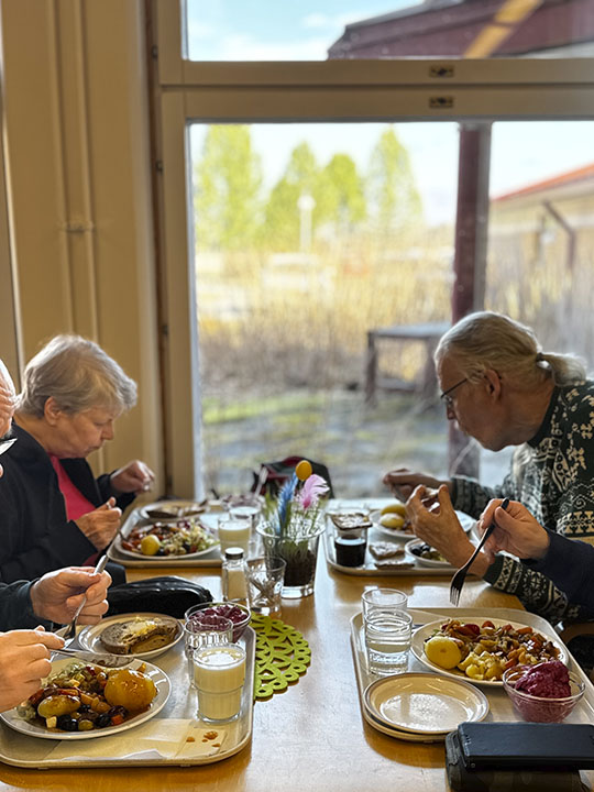 Neljä henkilöä pöydän äärellä, jokaisella edessään maittavan näköinen ruoka-annos sekä juomalaseja tarjottimilla. Taustalla näkyy puukarmisesta ikkunasta himmeästi syksyinen maisema auringonvalossa.